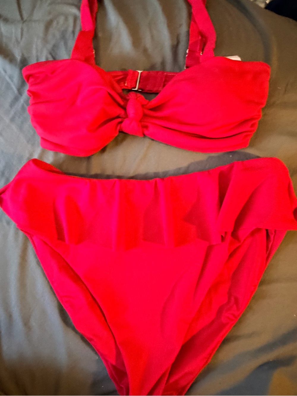 Red High-Waist Ruffle Bikini Set - Women's Swim